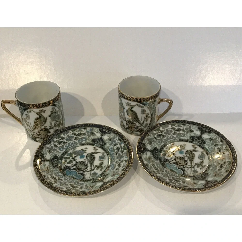 Lot of 2 Vintage‎ Porcelain Japanese Green and Gold Peacock Demitasse Tea Cups